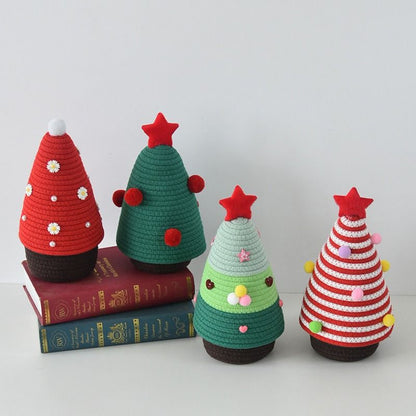 Christmas-themed cotton yarn woven storage basket, Christmas tree-shaped desktop storage box with lid, V1265-AU-043-HONGBAI