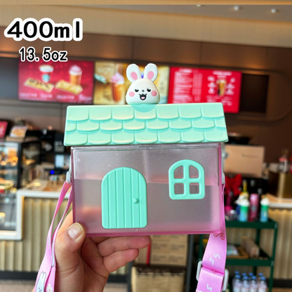 Creative Little House-Shaped Children's Straw Cup, 400ml Portable Outdoor Water Cup with Strap - Pink Bunny V1265-AU-049-FEN