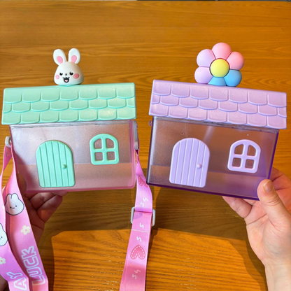 Creative Little House-Shaped Children's Straw Cup, 400ml Portable Outdoor Water Cup with Strap - Pink Bunny V1265-AU-049-FEN