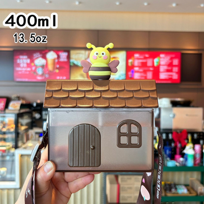 Creative Little House-Shaped Children's Straw Cup, 400ml Portable Outdoor Water Cup with Strap - Khaki Honey V1265-AU-049-KA