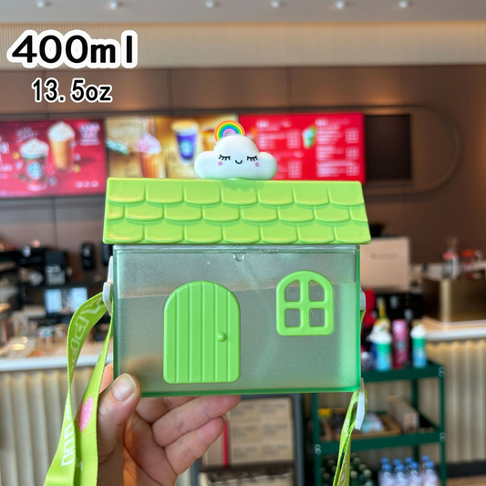 Creative Little House-Shaped Children's Straw Cup, 400ml Portable Outdoor Water Cup with Strap - Green V1265-AU-049-LV
