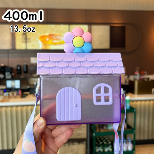 Creative Little House-Shaped Children's Straw Cup, 400ml Portable Outdoor Water Cup with Strap - Purple V1265-AU-049-ZI