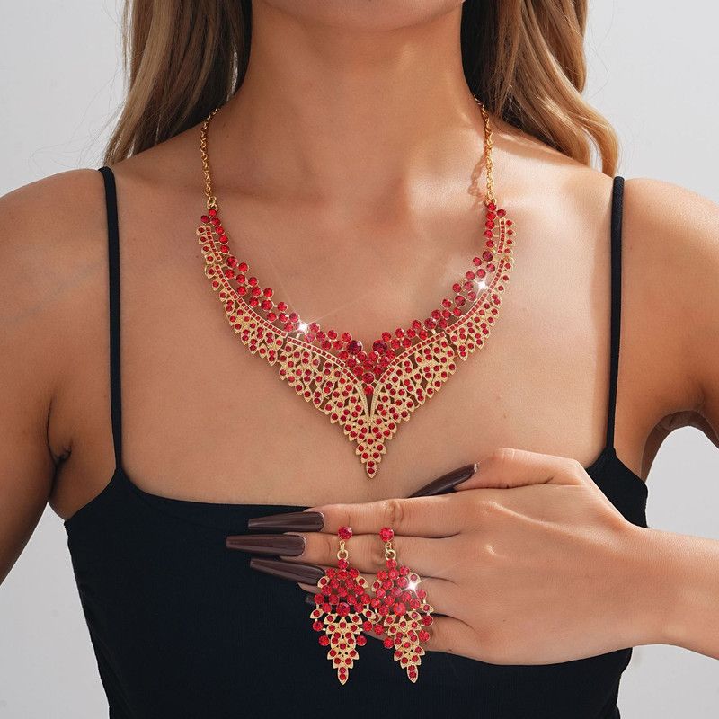 Affordable Luxury, Statement-Making Full-Diamond Necklace and Earring Set, Accessories for Banquets, Parties, V1265-AU-064-HONG