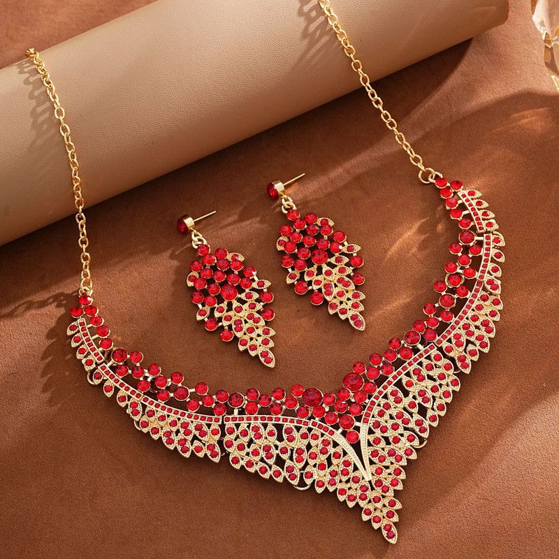 Affordable Luxury, Statement-Making Full-Diamond Necklace and Earring Set, Accessories for Banquets, Parties, V1265-AU-064-HONG