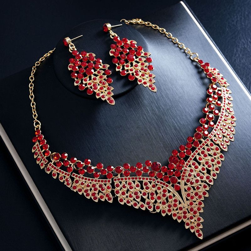 Affordable Luxury, Statement-Making Full-Diamond Necklace and Earring Set, Accessories for Banquets, Parties, V1265-AU-064-HONG