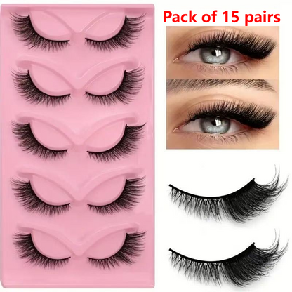 15-pair set of cat-eye false eyelashes with extended mink-style tips; thick and long V1265-AU-069-3