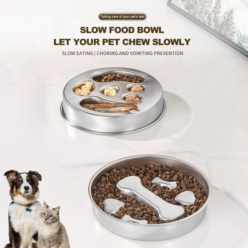 2-Piece Stainless Steel Slow Feeder Set for Pets, Reversible, for Cats and Dogs - Puppy Design V1265-AU-082-GOU-2