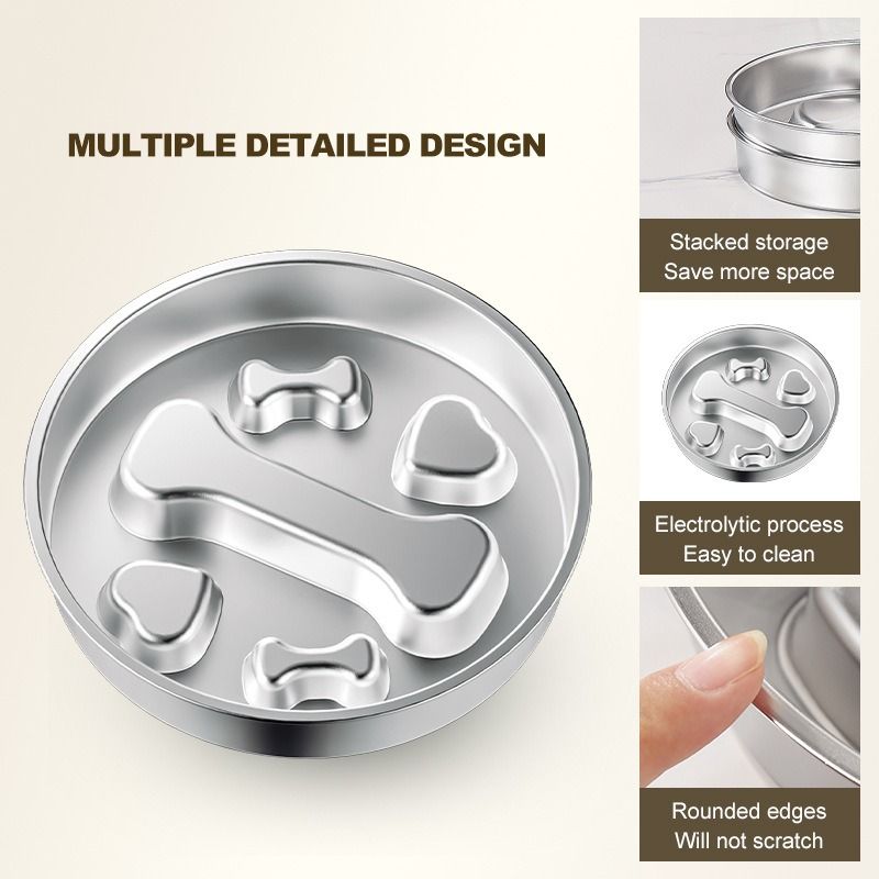 2-Piece Stainless Steel Slow Feeder Set for Pets, Reversible, for Cats and Dogs - Puppy Design V1265-AU-082-GOU-2