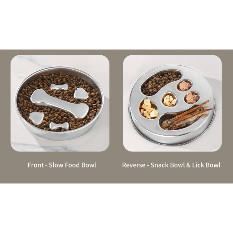2-Piece Stainless Steel Slow Feeder Set for Pets, Reversible, for Cats and Dogs - Fishbone Design V1265-AU-082-YU-2