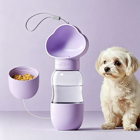 All-in-One Water and Food Pet Travel Cup 350ml Water + 200ml Food Storage Pet Outdoor Water Bottle - Purple V1265-AU-091-ZI