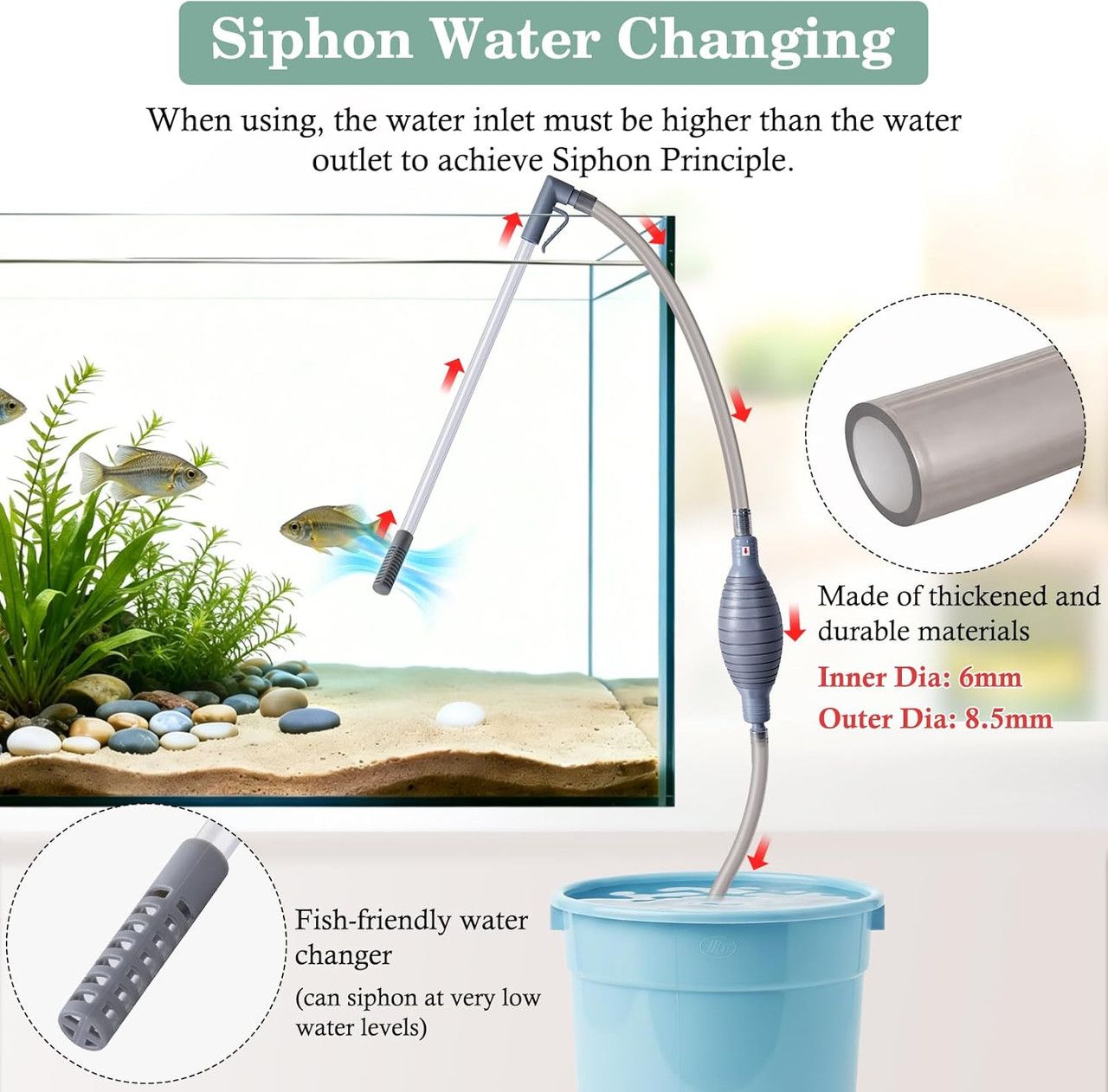 3-in-1 Aquarium Water Change Tool: Sand Cleaning / Waste Removal / Water Change, Siphon Pump - 2.2 m V1265-AU-104-2-2M