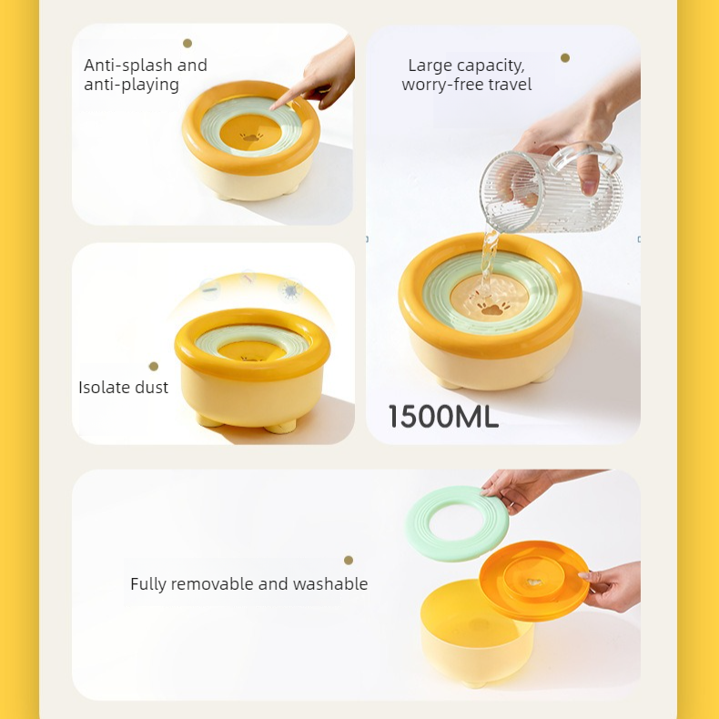 Anti-Splash Floating Pet Water Bowl, 1500ml Large Capacity, Tip-Proof and Chin-Dry Design - Yellow V1265-AU-105-HUANG