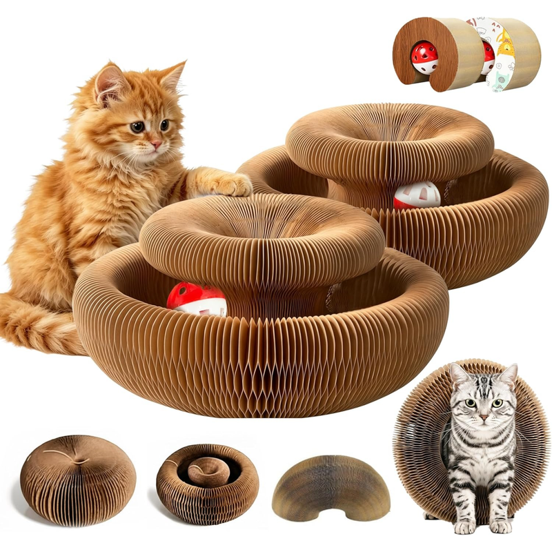2-pack, Accordion-style Cat Scratcher, Versatile Foldable Corrugated Cardboard Scratching Board with Ball Toy V1265-AU-107-MU-2