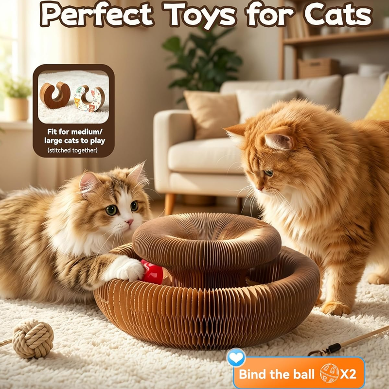 2-pack, Accordion-style Cat Scratcher, Versatile Foldable Corrugated Cardboard Scratching Board with Ball Toy V1265-AU-107-MU-2