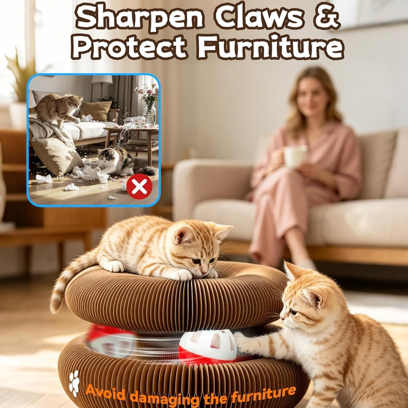 2-pack, Accordion-style Cat Scratcher, Versatile Foldable Corrugated Cardboard Scratching Board with Ball Toy V1265-AU-107-MU-2