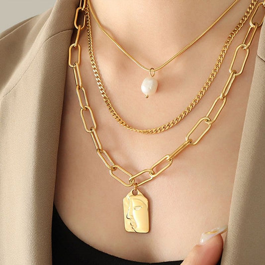Artistic Face Pearl Necklace, Three-Strand Layered Gold-Plated Collar Necklace, Unique Women's Fashion V1265-AU-109-JIN
