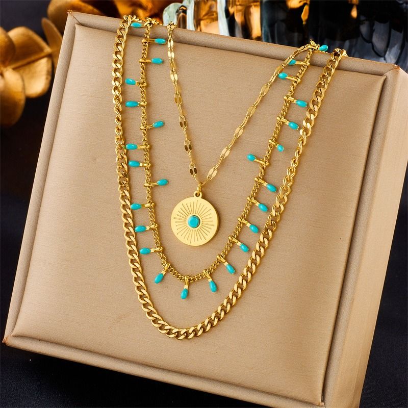 Bohemian-Style Three-Tier Turquoise Necklace with 18K Gold-Plated Titanium Collar Chain V1265-AU-121-JIN