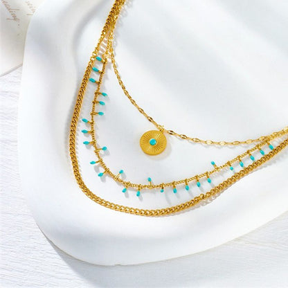 Bohemian-Style Three-Tier Turquoise Necklace with 18K Gold-Plated Titanium Collar Chain V1265-AU-121-JIN