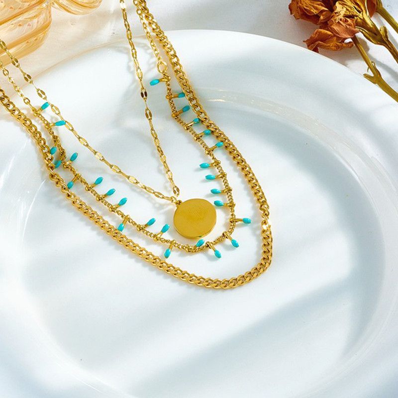 Bohemian-Style Three-Tier Turquoise Necklace with 18K Gold-Plated Titanium Collar Chain V1265-AU-121-JIN