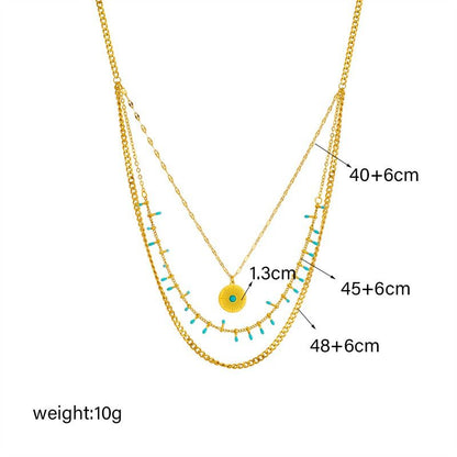 Bohemian-Style Three-Tier Turquoise Necklace with 18K Gold-Plated Titanium Collar Chain V1265-AU-121-JIN