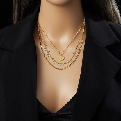 Bohemian-Style Three-Tier Turquoise Necklace with 18K Gold-Plated Titanium Collar Chain V1265-AU-121-JIN