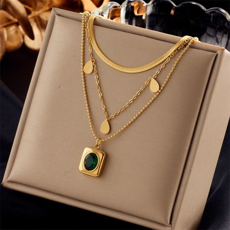 French Vintage Emerald Pendant Three-Tier Layered Necklace, 18K Gold-Plated Titanium Collier V1265-AU-124-JIN