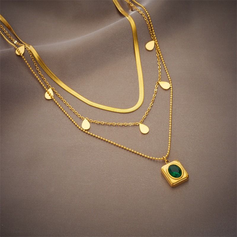 French Vintage Emerald Pendant Three-Tier Layered Necklace, 18K Gold-Plated Titanium Collier V1265-AU-124-JIN