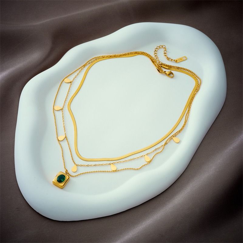 French Vintage Emerald Pendant Three-Tier Layered Necklace, 18K Gold-Plated Titanium Collier V1265-AU-124-JIN