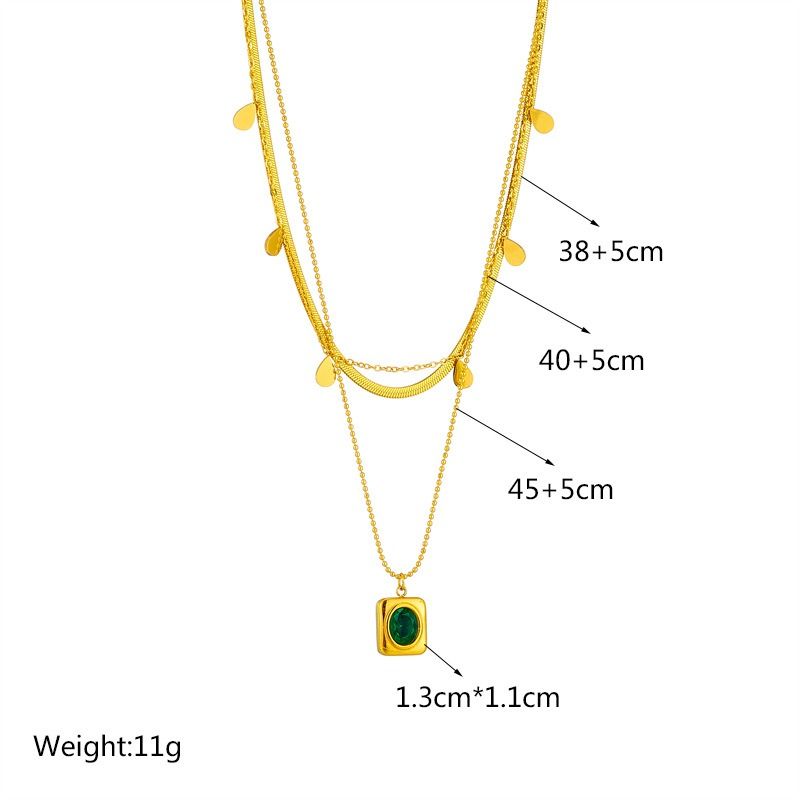 French Vintage Emerald Pendant Three-Tier Layered Necklace, 18K Gold-Plated Titanium Collier V1265-AU-124-JIN