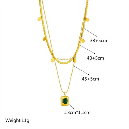 French Vintage Emerald Pendant Three-Tier Layered Necklace, 18K Gold-Plated Titanium Collier V1265-AU-124-JIN