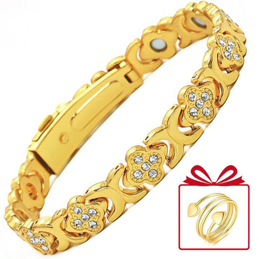 Lucky Clover Magnetic Bracelet with Free Heart Ring Set, Simple Everyday Women's Bracelet - Gold V1265-AU-127-JIN