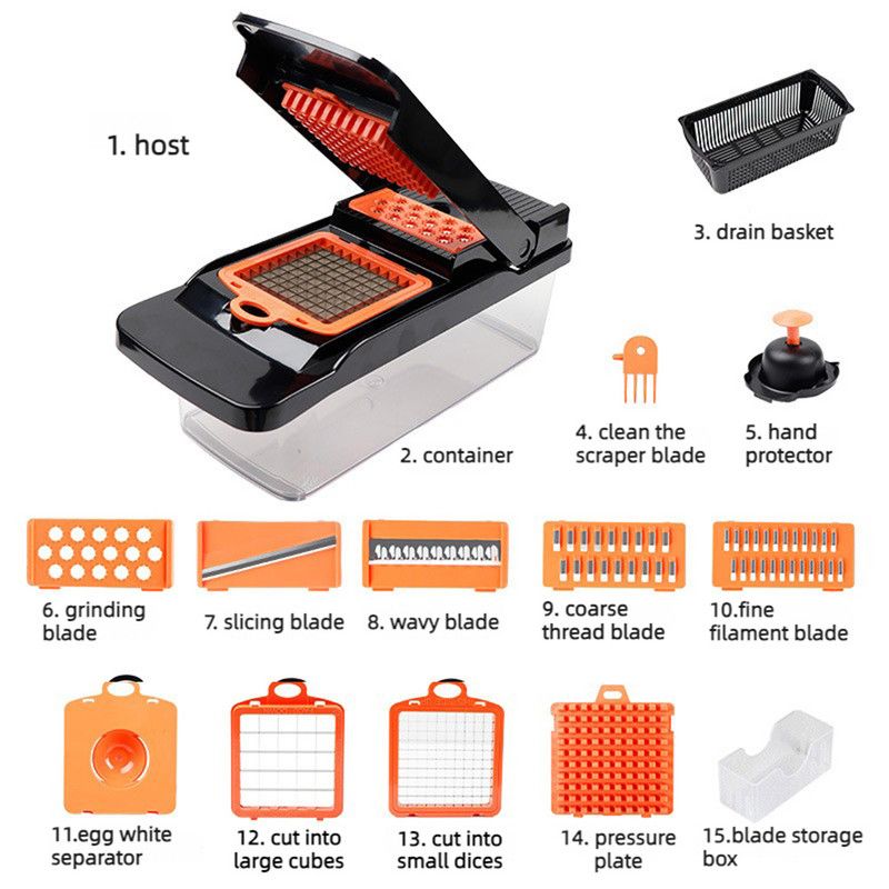 Kitchen Vegetable Slicer and Dicer, 15-Piece Set with Container, Safety Guard, Drain Basket, and Storage V1265-AU-133-CHENG