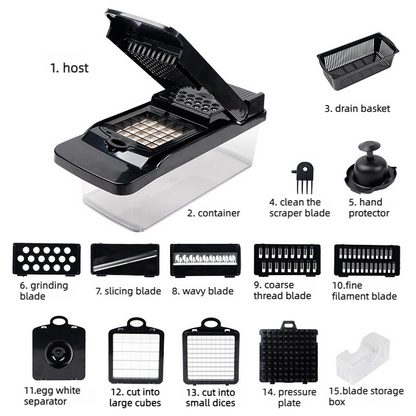 Kitchen Vegetable Slicer and Dicer, 15-Piece Set with Container, Safety Guard, Drain Basket, and Storage V1265-AU-133-CHENG