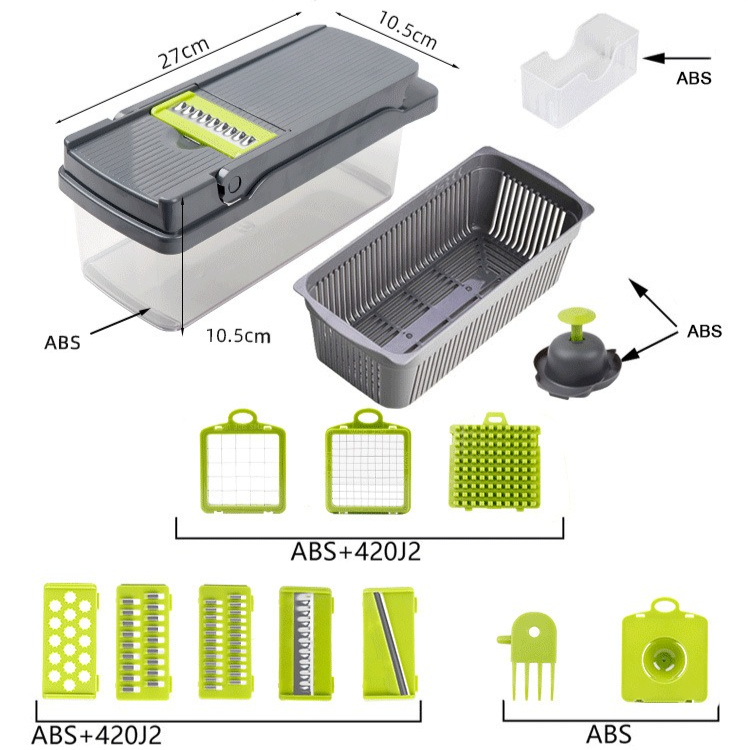 Kitchen Vegetable Slicer and Dicer, 15-Piece Set with Container, Safety Guard, Drain Basket, and Storage V1265-AU-133-CHENG