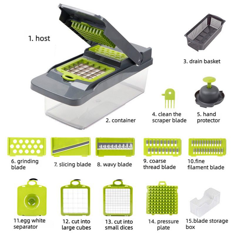 Kitchen Vegetable Slicer and Dicer, 15-Piece Set with Container, Safety Guard, Drain Basket, and Storage V1265-AU-133-LV