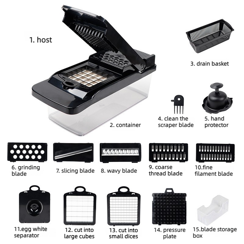 Kitchen Vegetable Slicer and Dicer, 15-Piece Set with Container, Safety Guard, Drain Basket, and Storage V1265-AU-133-LV