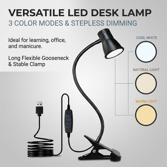Clip-On LED Desk Lamp, 3 Color Modes & 3 Brightness Levels, Flexible Gooseneck Eye-Caring Light for Study, V1265-AU-135-HEI
