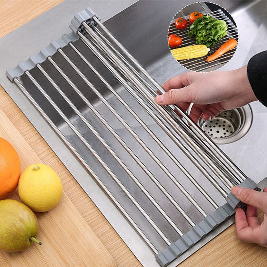 Roll Up Stainless Steel Sink Drying Rack, 47x35cm Multi-purpose Kitchen Sink Drain Mat with Non-slip TPE Edge V1265-AU-138-YIN