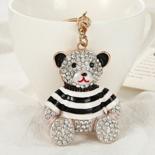 Black - Rhinestone Striped Bear Keychain, Cute Enamel Cartoon Bear Bag Charm Pendant, Alloy Bling Key Ring V1265-AU-146-HEI