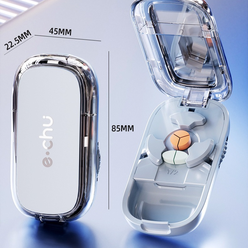 2-in-1 Pill Cutter with Storage Case, 1/2 & 1/3 Equal Parts Adjustable Tablet Splitter, Portable Travel V1265-AU-151-BAI