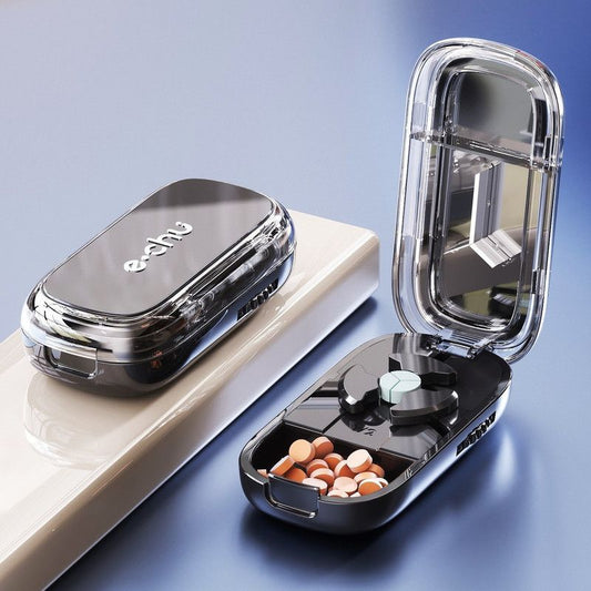 2-in-1 Pill Cutter with Storage Case, 1/2 & 1/3 Equal Parts Adjustable Tablet Splitter, Portable Travel V1265-AU-151-HEI
