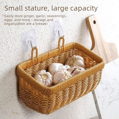 Artificial Rattan Wall Mount Storage Basket, Washable Plastic Woven Hanging Organizer for Kitchen Garlic V1265-AU-160-S
