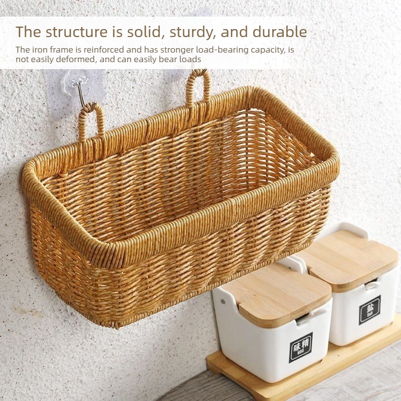 Artificial Rattan Wall Mount Storage Basket, Washable Plastic Woven Hanging Organizer for Kitchen Garlic V1265-AU-160-S