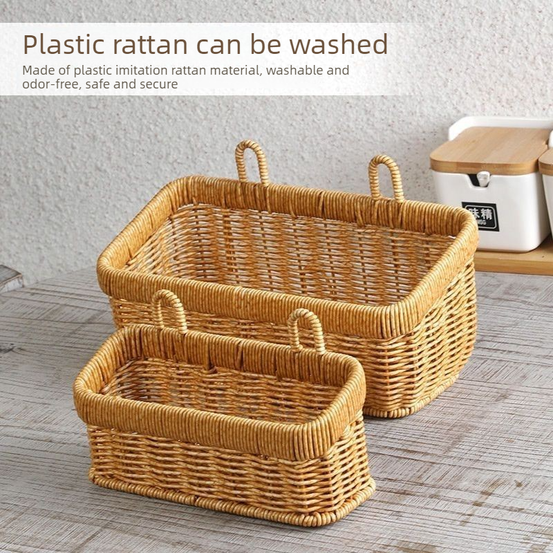 Artificial Rattan Wall Mount Storage Basket, Washable Plastic Woven Hanging Organizer for Kitchen Garlic V1265-AU-160-S