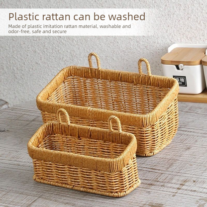 Artificial Rattan Wall Mount Storage Basket, Washable Plastic Woven Hanging Organizer for Kitchen Garlic V1265-AU-160-S