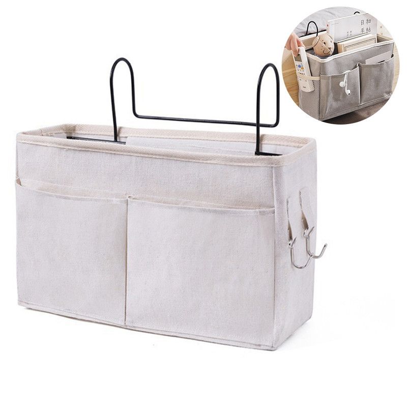 Bedside Caddy Storage Organizer with Metal Hooks, Multi-Pocket Linen Hanging Bed Caddy for Dorm Bunk Beds, V1265-AU-161-BAI