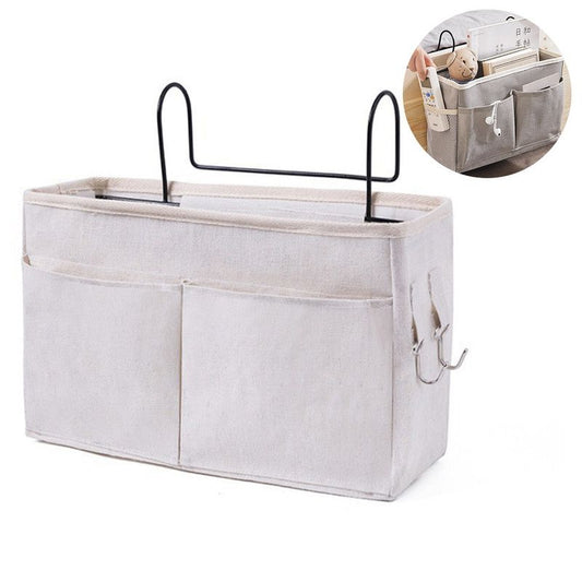 Bedside Caddy Storage Organizer with Metal Hooks, Multi-Pocket Linen Hanging Bed Caddy for Dorm Bunk Beds, V1265-AU-161-BAI