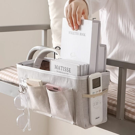 Bedside Caddy Storage Organizer with Metal Hooks, Multi-Pocket Linen Hanging Bed Caddy for Dorm Bunk Beds, V1265-AU-161-HUI