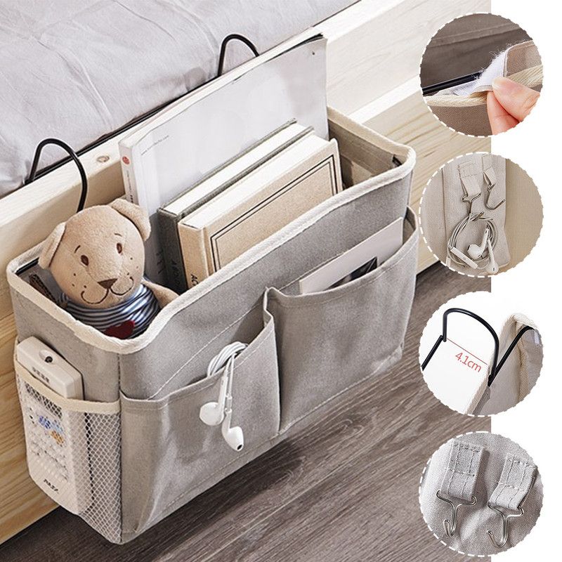 Bedside Caddy Storage Organizer with Metal Hooks, Multi-Pocket Linen Hanging Bed Caddy for Dorm Bunk Beds, V1265-AU-161-HUI
