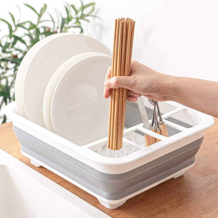 Multi Compartment Plastic Kitchen Utensil Holder, Foldable Dish Drain Basket for Bowl Plate Cup Chopsticks V1265-AU-162